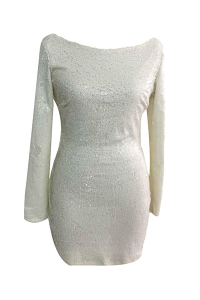 Sexy Round Neck Long Sleeves Sequined Decorative White Sheath Mini Dress
