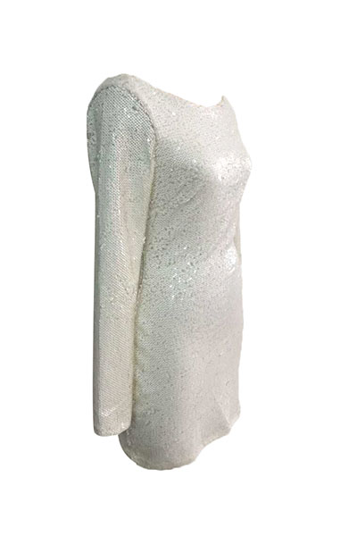 Sexy Round Neck Long Sleeves Sequined Decorative White Sheath Mini Dress