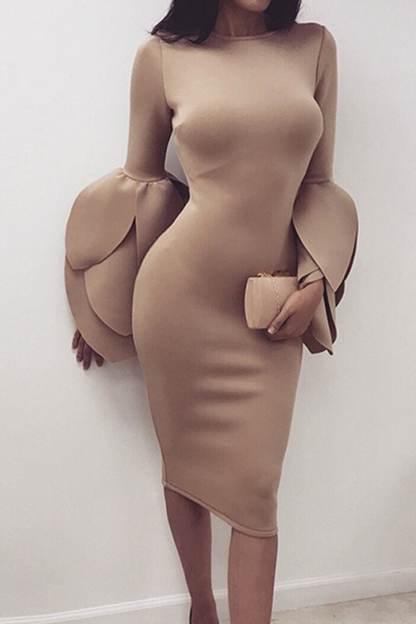Sexy Round Neck Petal Sleeves Camel Polyester Knee Length Dress