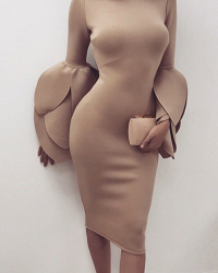 Sexy Round Neck Petal Sleeves Camel Polyester Knee Length Dress
