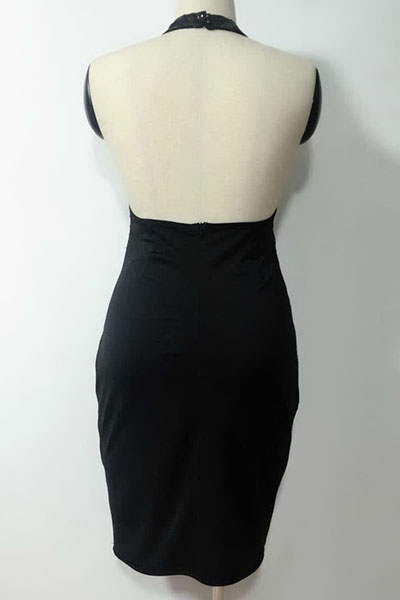 Sexy Round Neck Sequined Decorative Black Polyester Sheath Knee Length Dress(Without Lining)