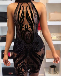 Sexy Round Neck Sequined Decorative Black Polyester Sheath Knee Length Dress(Without Lining)