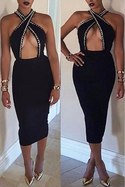 Sexy Sleeveless Hollow-out Black Polyester Sheath Knee Length Dress