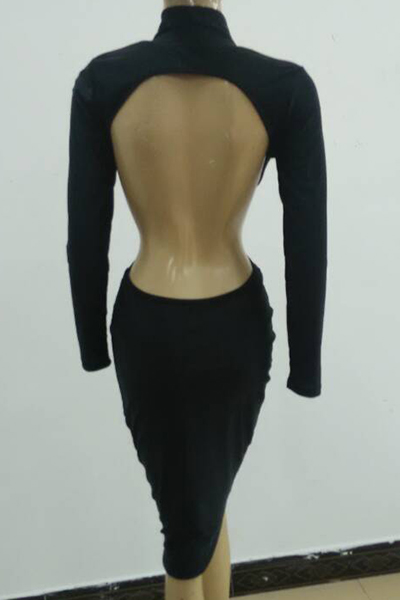 Sexy Turtleneck Long Sleeves Back Hollow-out Black Cotton Blend Sheath Knee Length Dress