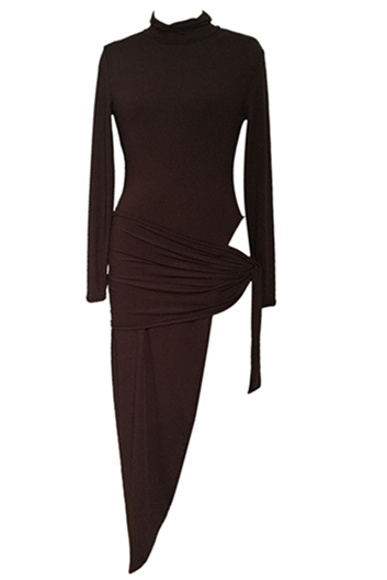Sexy Turtleneck Long Sleeves High Split Brown Cotton Knee Length Dress