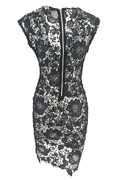 Sexy V Neck Cap Sleeves See-Through Black Lace Sheath Knee Length Dress
