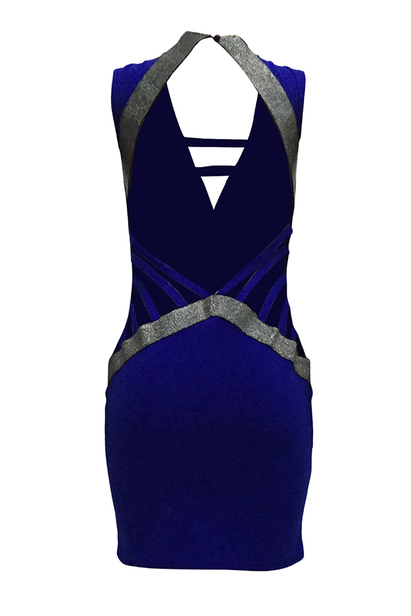 Sexy V Neck Hollow-out Blue Polyester Sheath Mini Dress