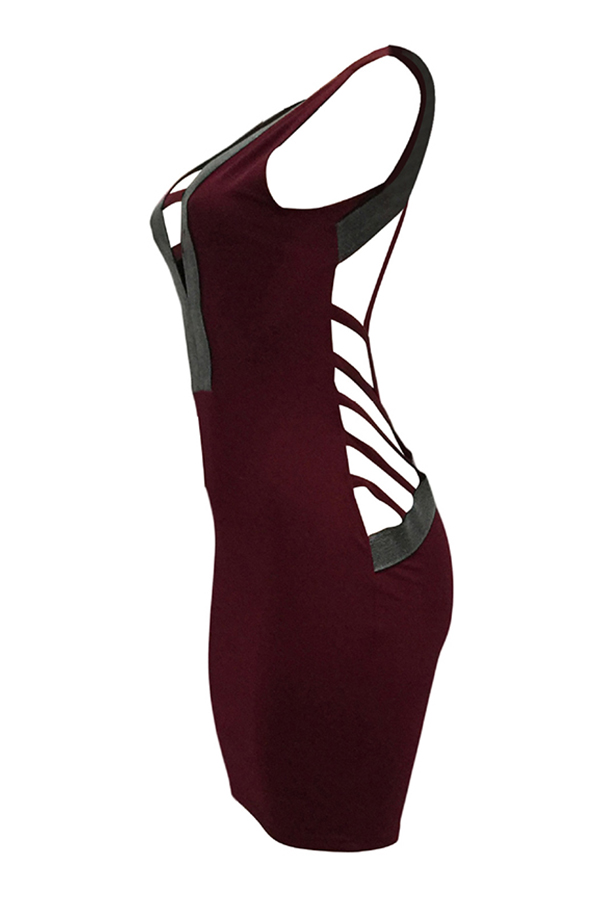 Sexy V Neck Hollow-out Wine Red Polyester Sheath Mini Dress