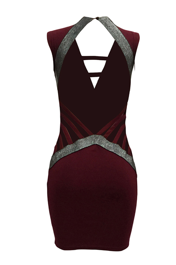 Sexy V Neck Hollow-out Wine Red Polyester Sheath Mini Dress