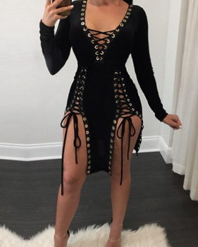 Sexy V Neck Long Sleeves Lace-up Hollow-out Black Healthy Fabric Mini Dress
