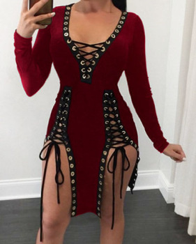Sexy V Neck Long Sleeves Lace-up Hollow-out Wine Red Healthy Fabric Mini Dress