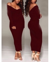 Sexy V Neck Long Sleeves Polyester Wine Red Sheath Mid Calf Dress