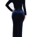 Sexy V Neck Long Sleeves Side Split Dark Blue Velvet Floor length Dress