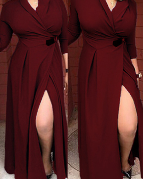 Sexy V Neck Long Sleeves Split Wine Red Blending Floor Length Dress