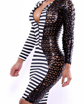 Sexy V Neck Long Sleeves Striped Hollow-out PU Patchwork Sheath Mini Bandage Dress