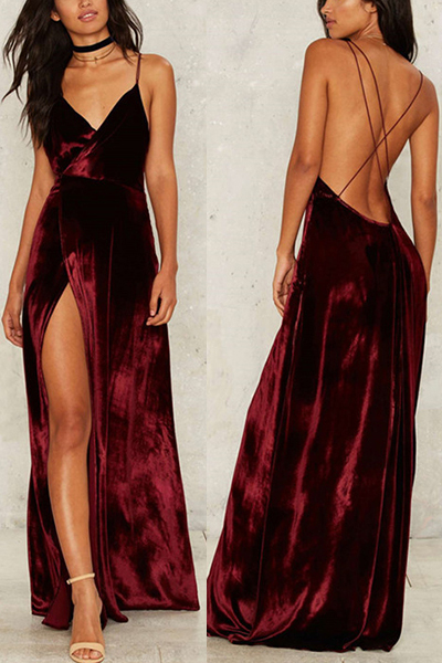 Sexy V Neck Spaghetti Strap Sleeveless High Split Wine Red Velvet Floor length Dress