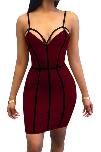 Sexy V Neck Striped Hollow-out Wine Red Milk Fiber Sheath Mini Dress