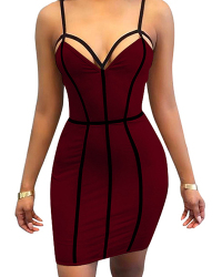 Sexy V Neck Striped Hollow-out Wine Red Milk Fiber Sheath Mini Dress