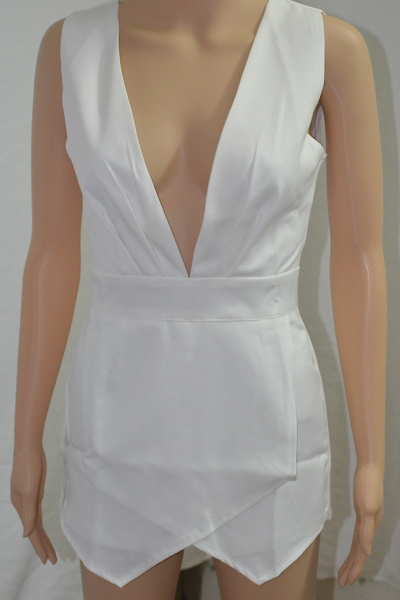 Sexy V Neck Tank Sleeveless Asymmetrical Solid White Mini Dress