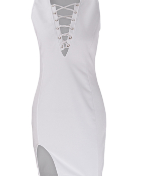 Sexy V Neck Tank Sleeveless Split Front Lace-up White Cotton Blend Sheath Knee Length Dress