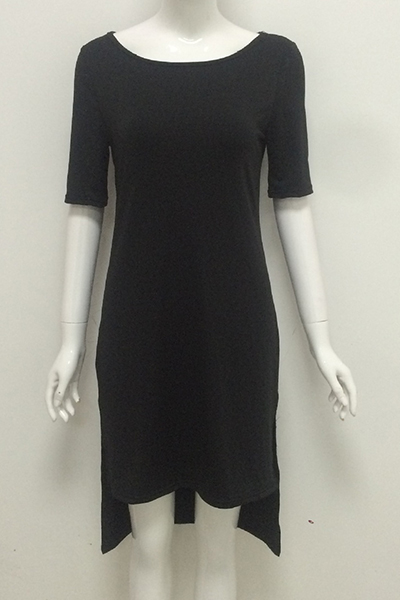Simple O Neck Short Sleeves Black Cotton Blend Mini Dress (Without Accessories)
