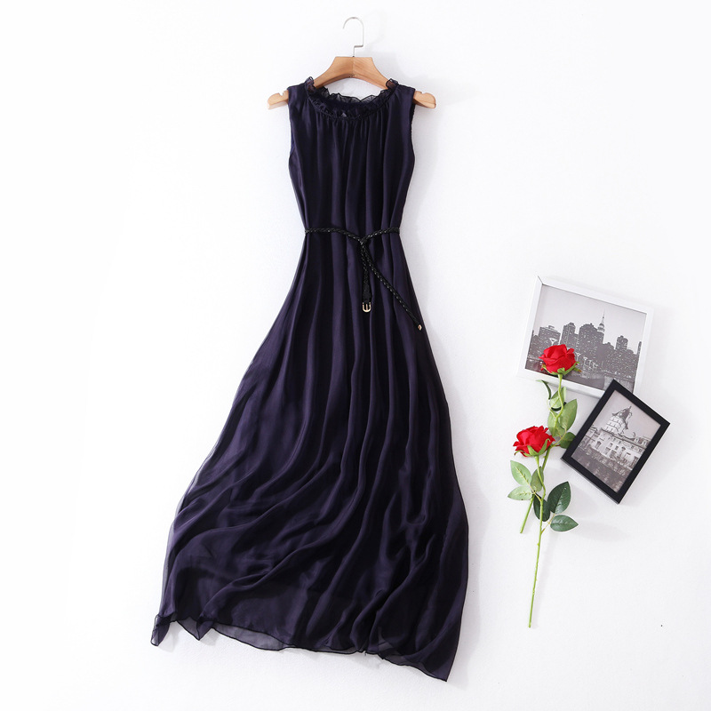 Sleeveless silk summer boutique dress belted waist train loose MIDI skirt #95046
