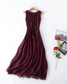 Sleeveless silk summer boutique dress belted waist train loose MIDI skirt #95047