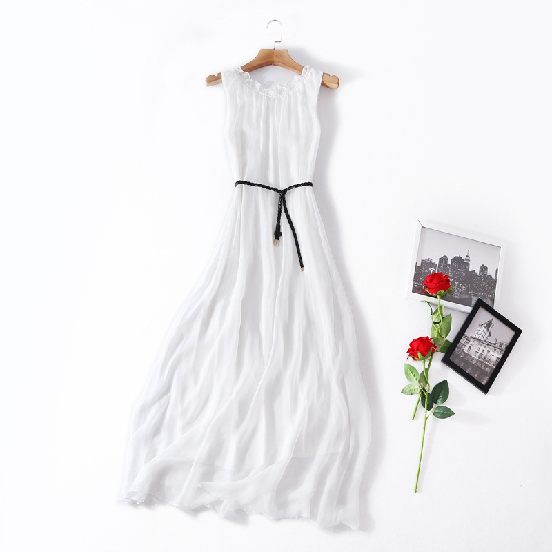 Sleeveless silk summer boutique dress belted waist train loose MIDI skirt #95048