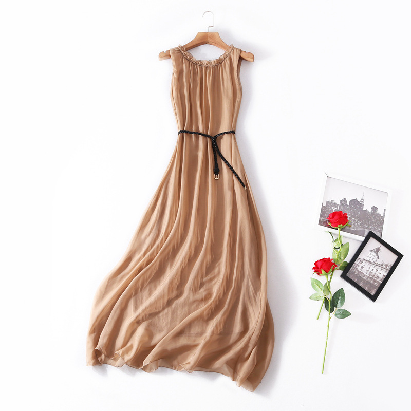 Sleeveless silk summer boutique dress belted waist train loose MIDI skirt #95051