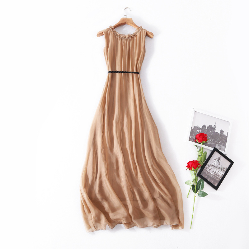 Sleeveless silk summer boutique dress belted waist train loose MIDI skirt #95052