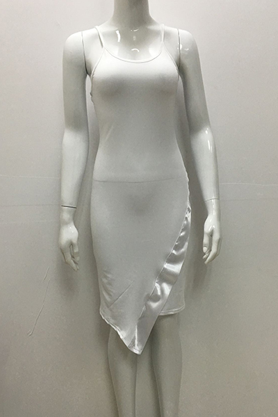 Stylish Boat Neck Spaghetti Strap Sleeveless Asymmetrical White Polyester Mini Dress