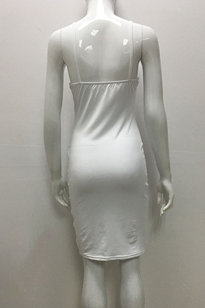 Stylish Boat Neck Spaghetti Strap Sleeveless Asymmetrical White Polyester Mini Dress