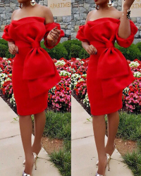 Stylish Dew Shoulder Bow-tie Decoration Red Polyester Knee Length Dress