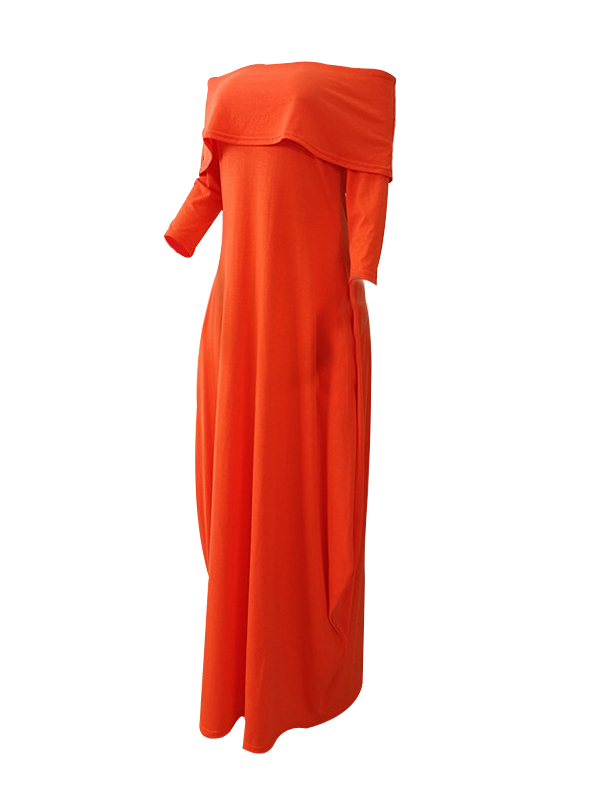 Stylish Dew Shoulder Falbala Design Orange Polyester Ankle Length Dress