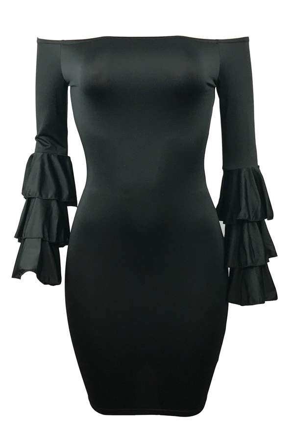 Stylish Dew Shoulder Long Sleeves Falbala Design Black Polyester Sheath Knee Length Dress