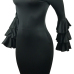 Stylish Dew Shoulder Long Sleeves Falbala Design Black Polyester Sheath Knee Length Dress