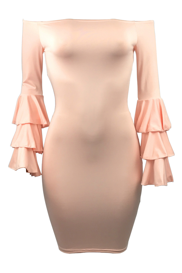 Stylish Dew Shoulder Long Sleeves Falbala Design Pink Polyester Sheath Knee Length Dress