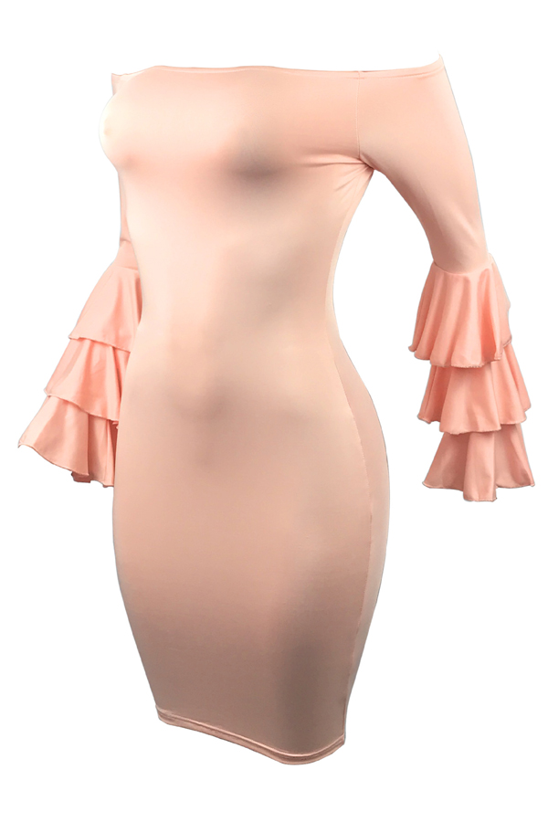 Stylish Dew Shoulder Long Sleeves Falbala Design Pink Polyester Sheath Knee Length Dress