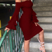 Stylish Dew Shoulder Long Sleeves Falbala Design Wine Red Polyester Sheath Knee Length Dress
