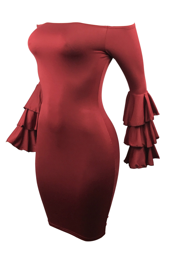 Stylish Dew Shoulder Long Sleeves Falbala Design Wine Red Polyester Sheath Knee Length Dress