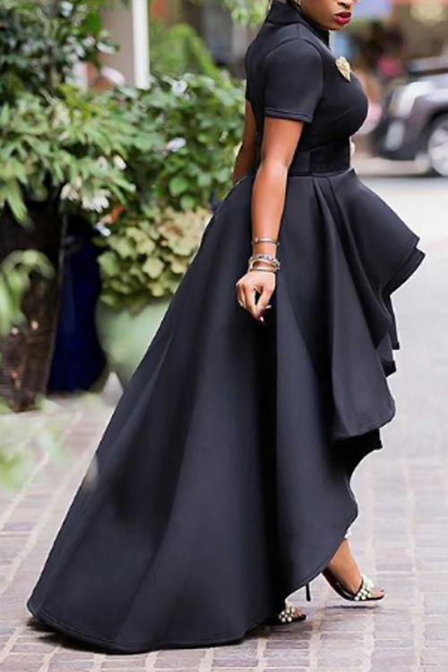 Stylish Mandarin Collar Asymmetrical Falbala Design Black Polyester Mid Calf Dress