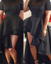 Stylish Mandarin Collar Asymmetrical Falbala Design Black Polyester Mid Calf Dress