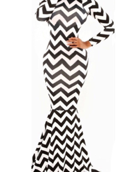 Stylish O Neck Long Sleeves Wavy Striped Black Polyester Mermaid Floor Length Bandage Dress