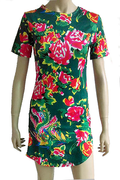 Stylish O Neck Short Sleeves Floral Print Green Polyester Sheath Mini Shirt Dress