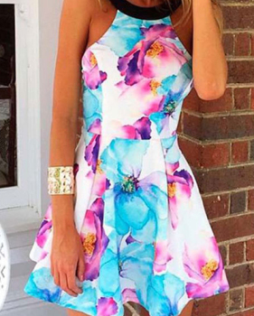 Stylish O Neck Tank Sleeveless Floral Print Cotton Blend Mini Dress