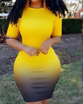 Stylish Round Neck Half Sleeves Tie-Dye Yellow Qmilch Knee Length Dress