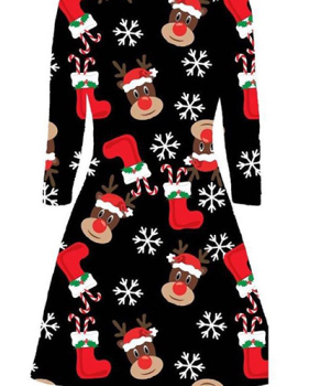 Stylish Round Neck Long Sleeves Polyester Snowflake Printed Black Polyester A Line Mini Dress