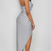 Stylish Round Neck Striped White Polyester Sheath Ankle Length Dress
