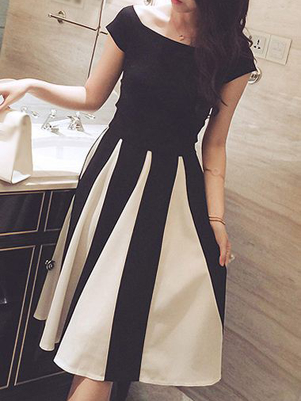 Stylish Square Neck Short Sleeves Patchwork Polyester Knee Length Dress