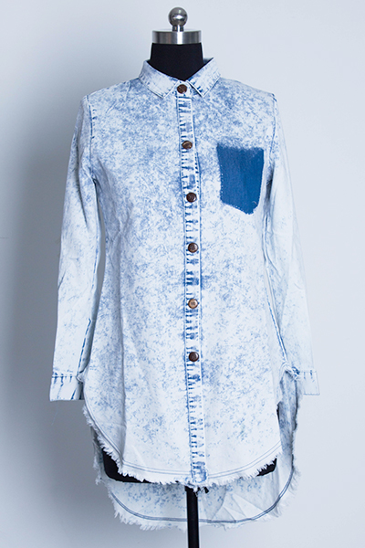 Stylish Turndown Collar Long Sleeves Single-breasted Asymmetrical Blue Denim A Line Mini Shirt Dress